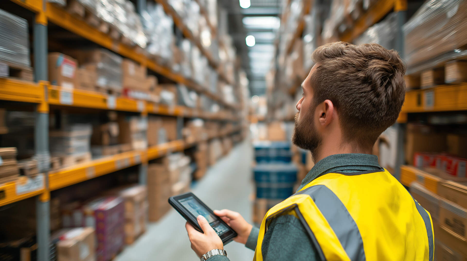 Young foreman reviewing inventory stock with digital scanner, warehouse aisles, over-shoulder view, soft natural light, commercial style, inventory scanning stock, warehouse management system
