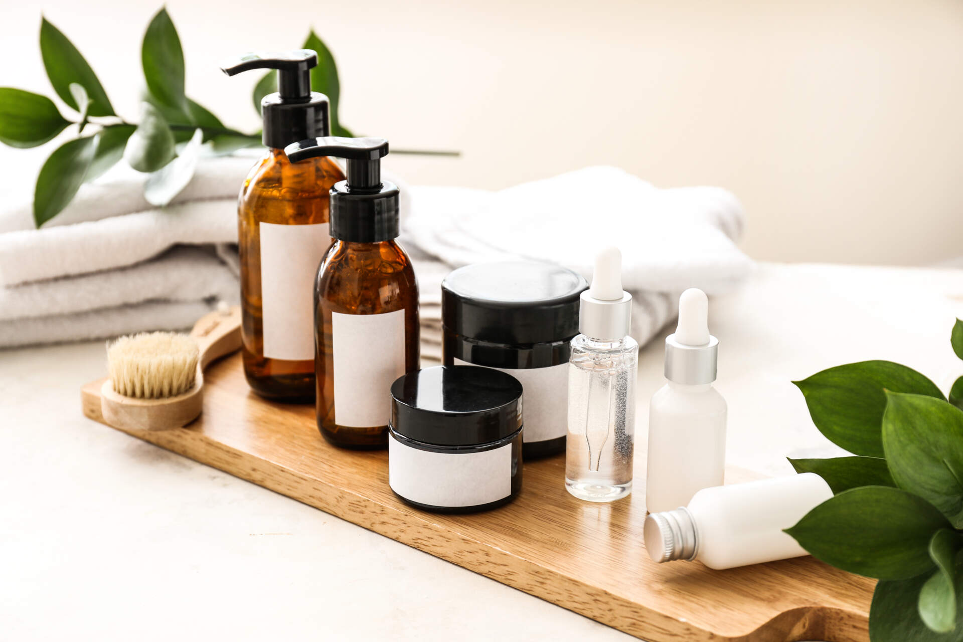 Set of cosmetics for personal hygiene on table